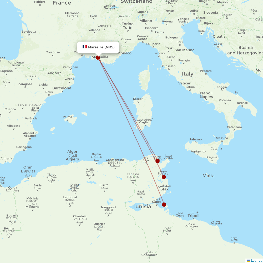 Tunisair at MRS route map