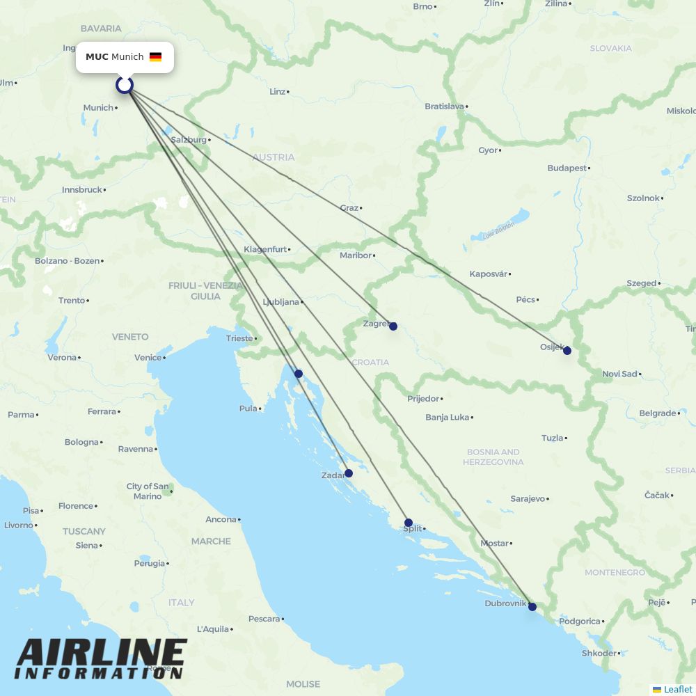 Croatia Airlines routes from MUC