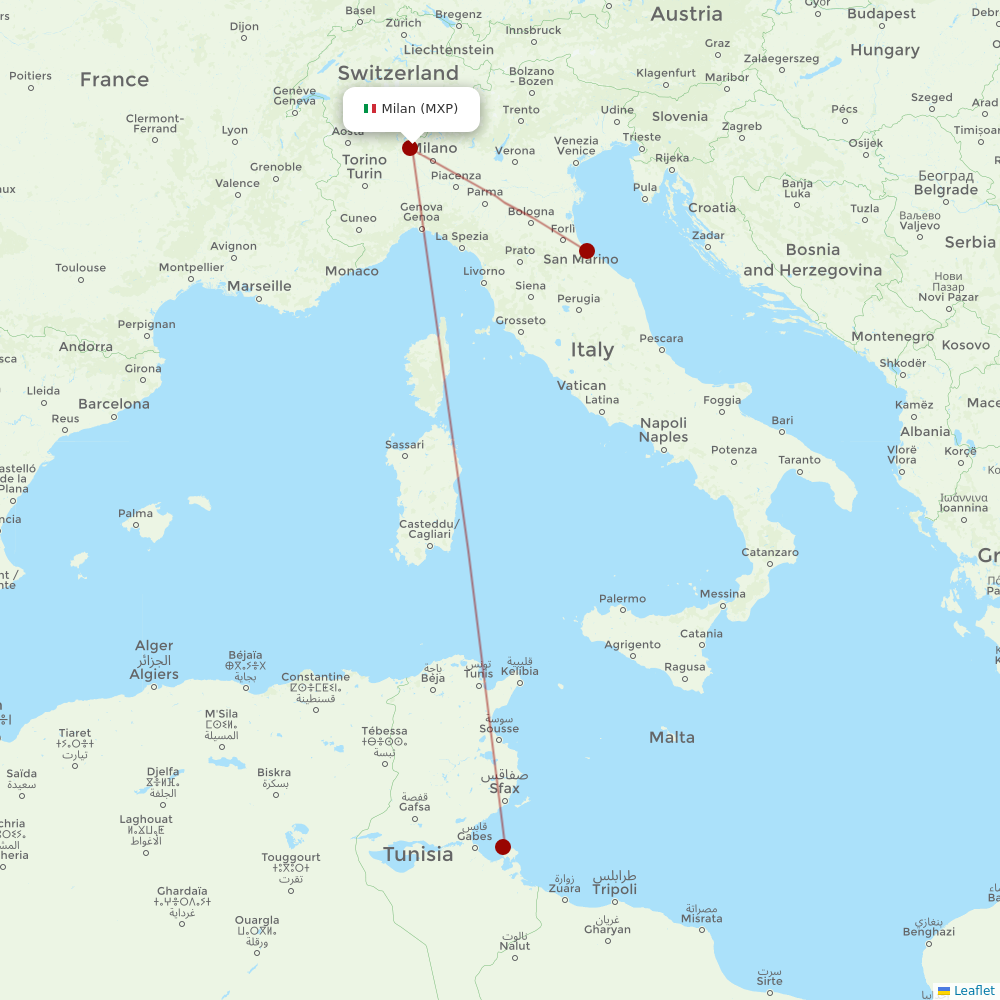 Nouvelair Tunisie at MXP route map