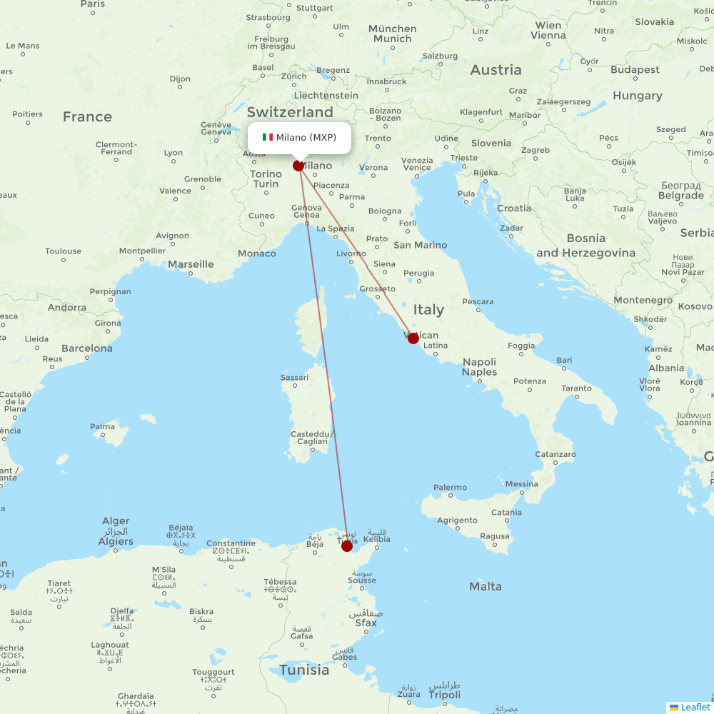 Tunisair at MXP route map
