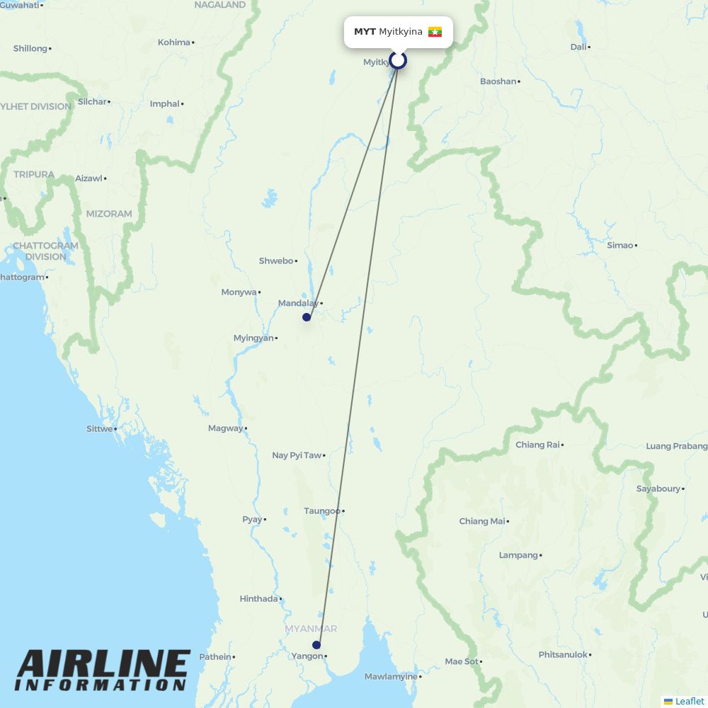 Mann Yadanarpon Airlines routes from MYT