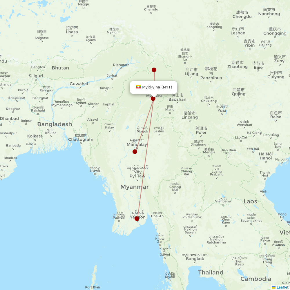 Myanmar Airways International at MYT route map