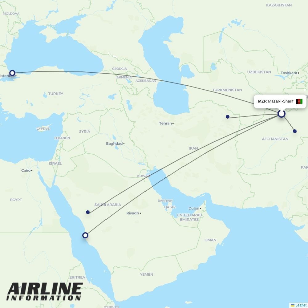 Kam Air routes from MZR