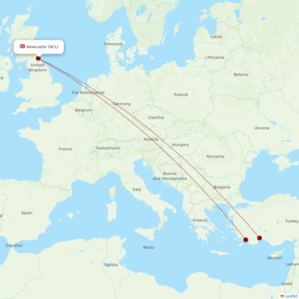 Corendon Airlines at NCL route map