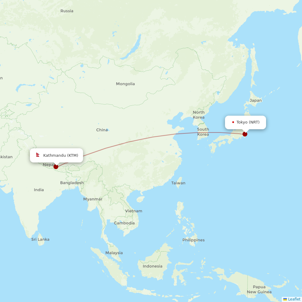 Nepal Airlines at NRT route map