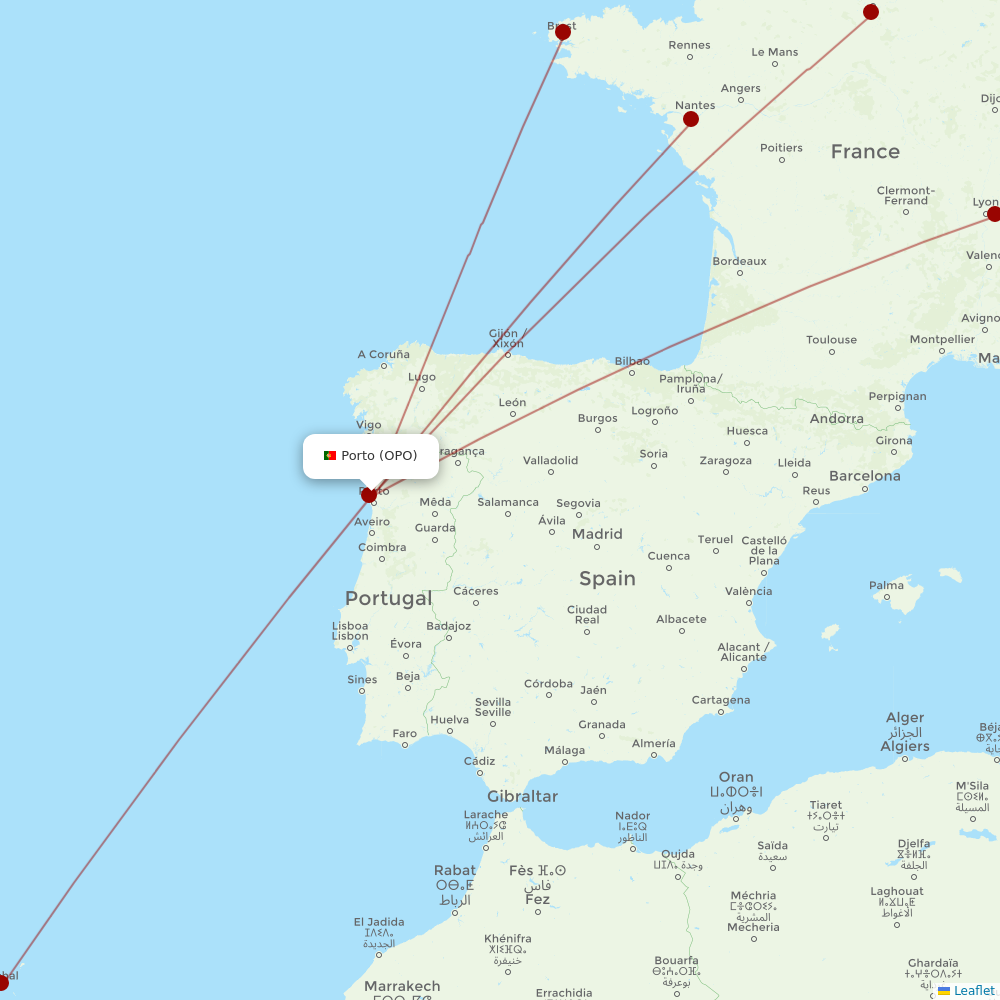 Transavia France at OPO route map