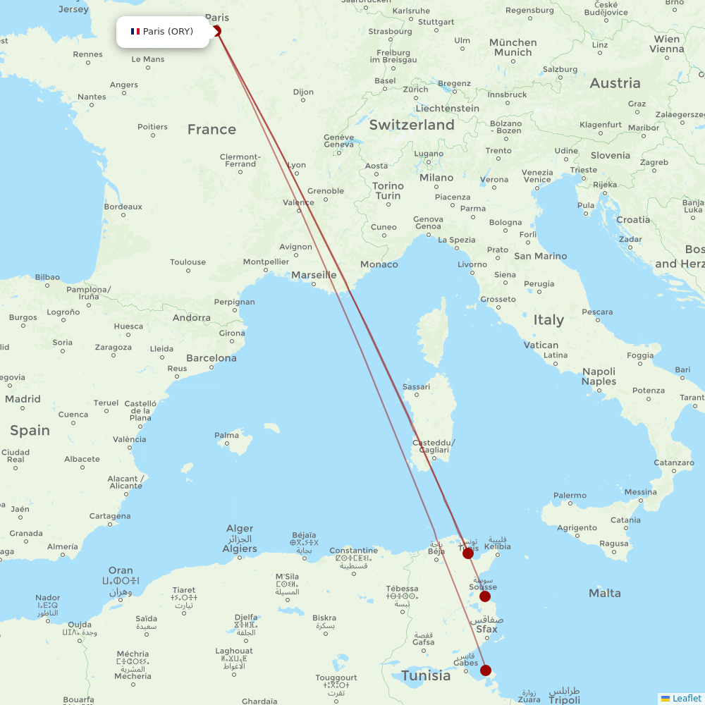 Tunisair at ORY route map