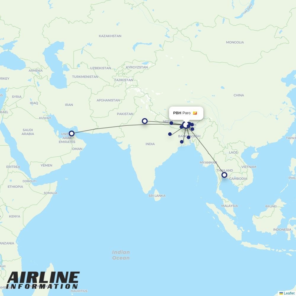 Bhutan Airlines routes from PBH