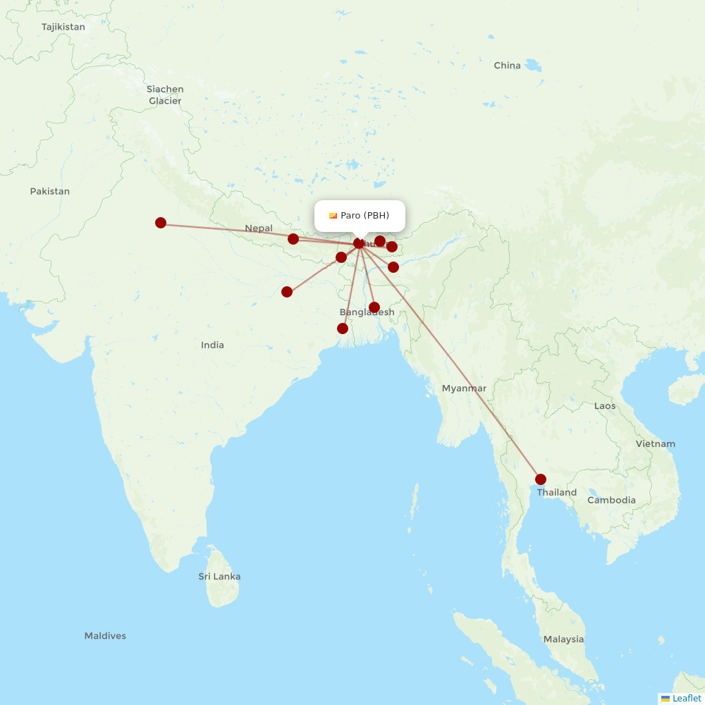 Drukair at PBH route map