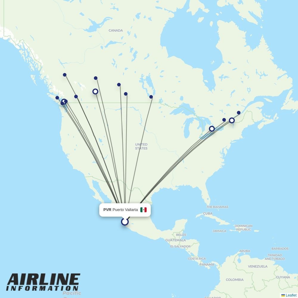 WestJet routes from PVR