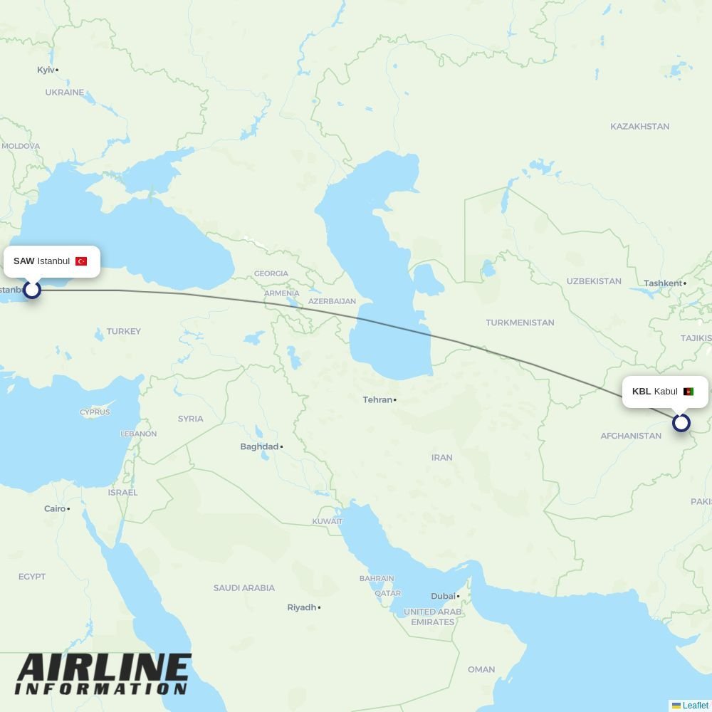 Kam Air routes from SAW