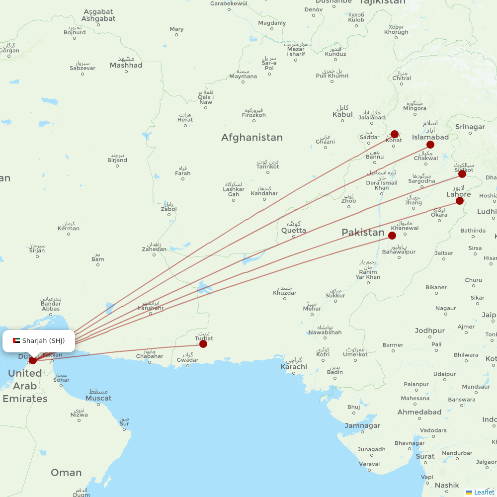 Pakistan International Airlines at SHJ route map