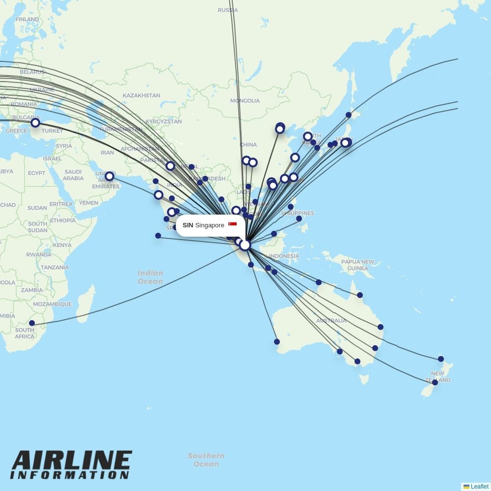 Singapore Airlines routes from SIN