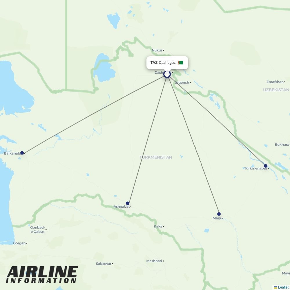 Turkmenistan Airlines routes from TAZ