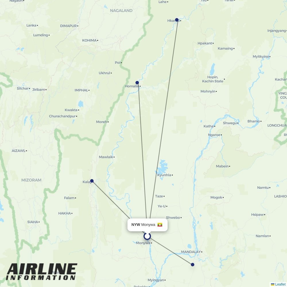 Myanmar National Airlines routes from THL