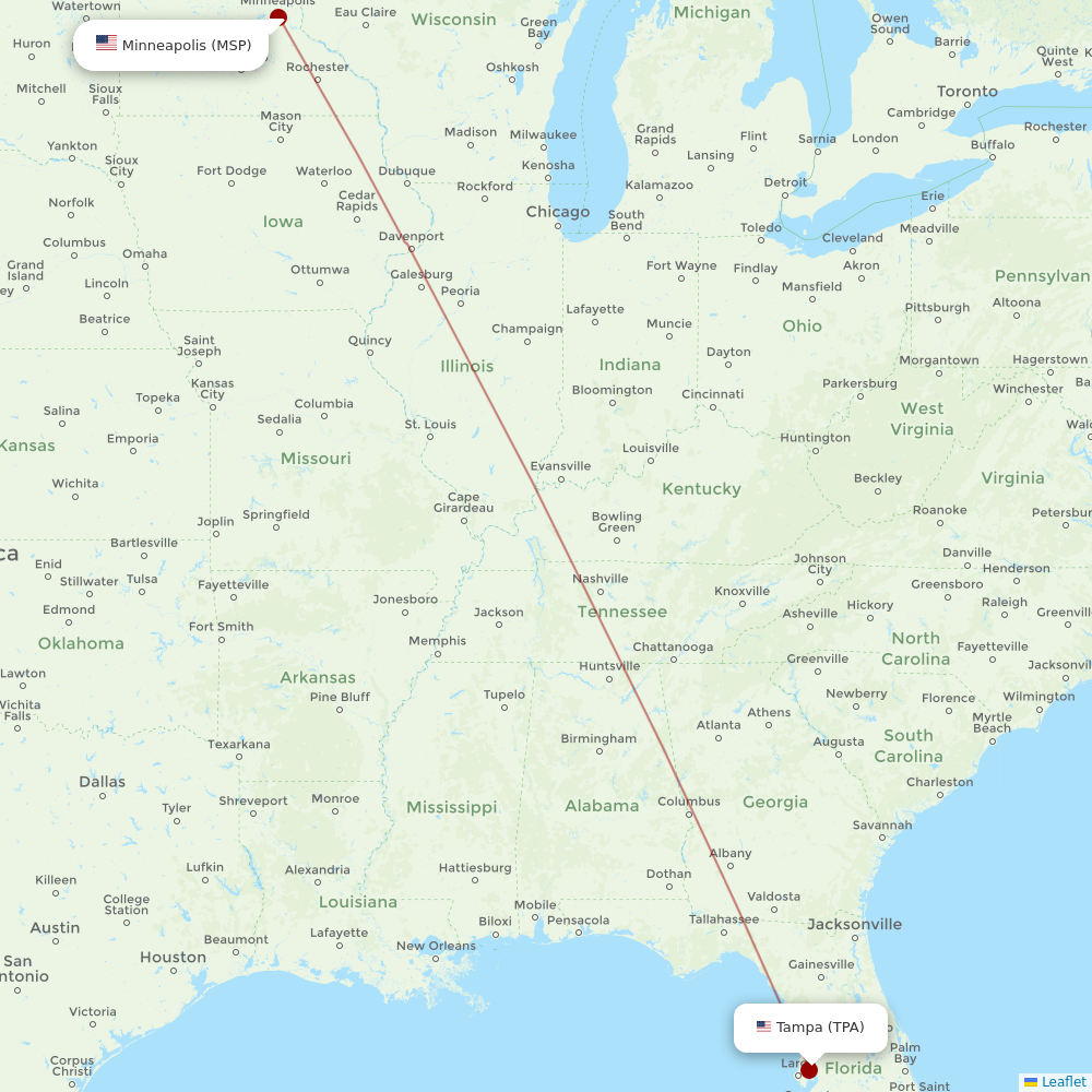 Sun Country Airlines at TPA route map
