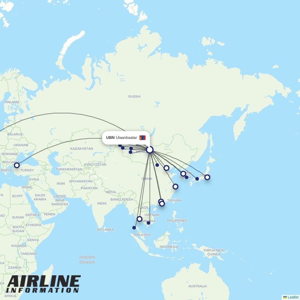 Miat - Mongolian Airlines routes from UBN