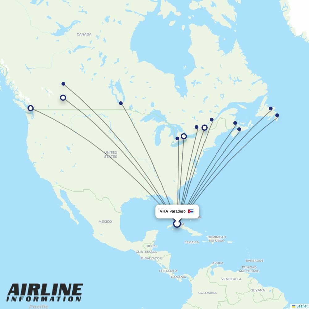 WestJet routes from VRA