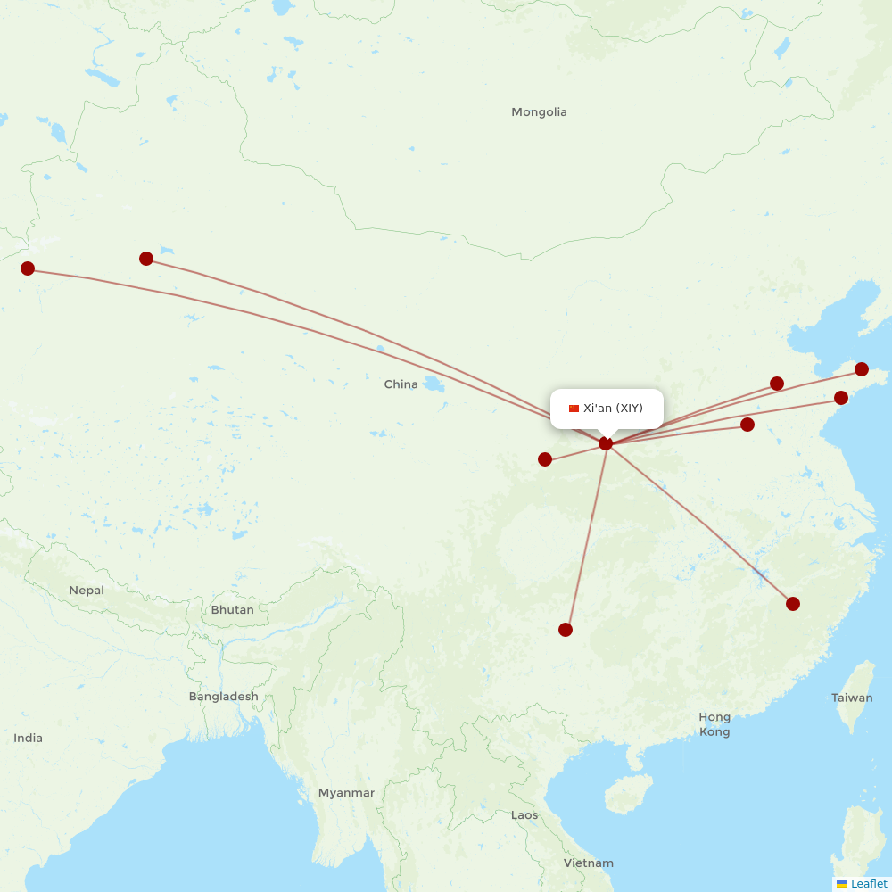 Shandong Airlines at XIY route map