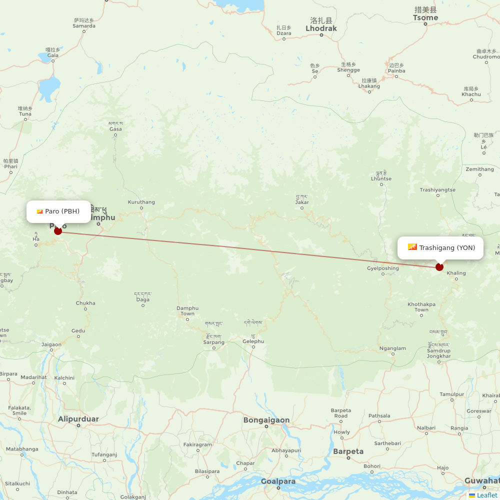 Drukair at YON route map