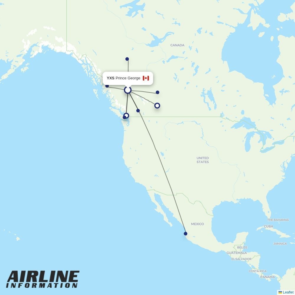 WestJet routes from YXS