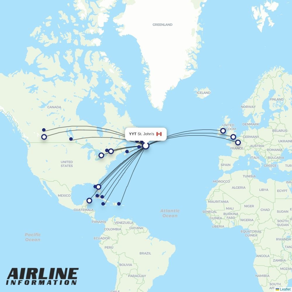WestJet routes from YYT