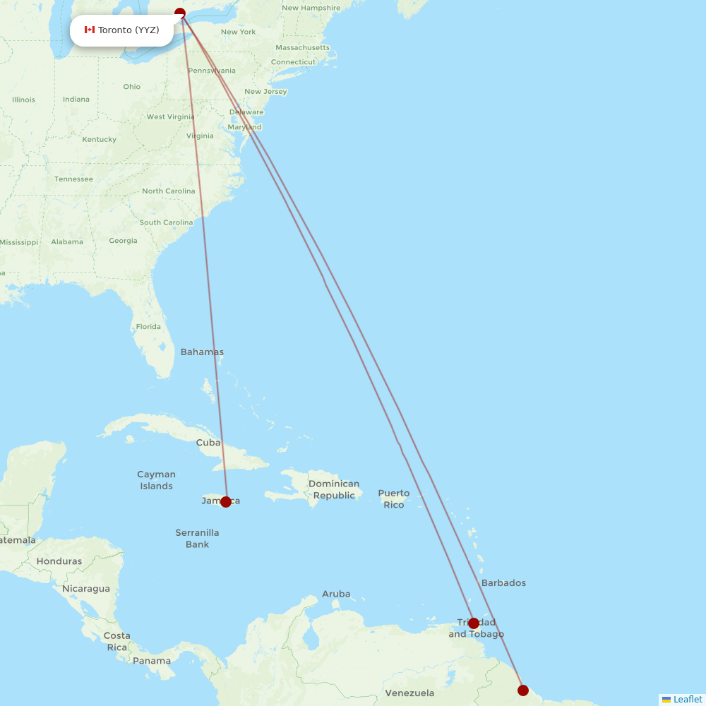 Caribbean Airlines at YYZ route map