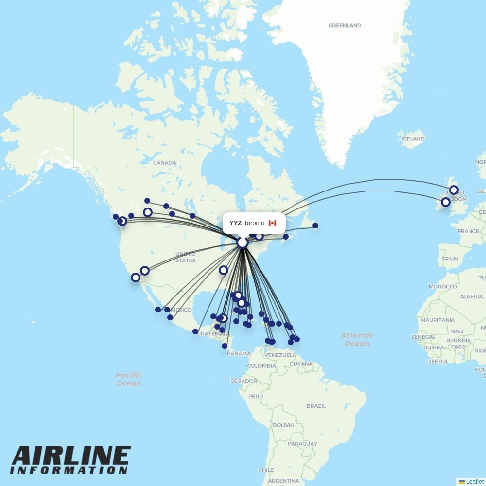 WestJet routes from YYZ
