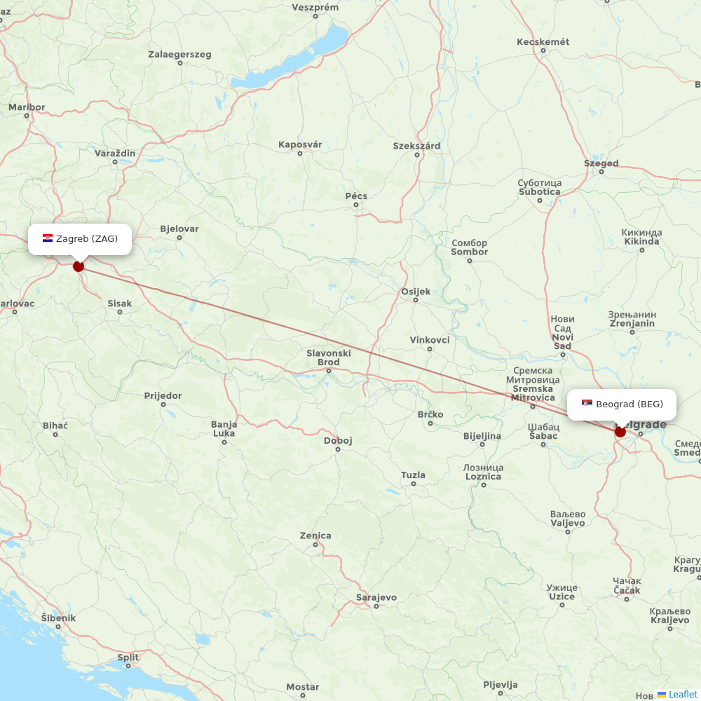 Air Serbia at ZAG route map
