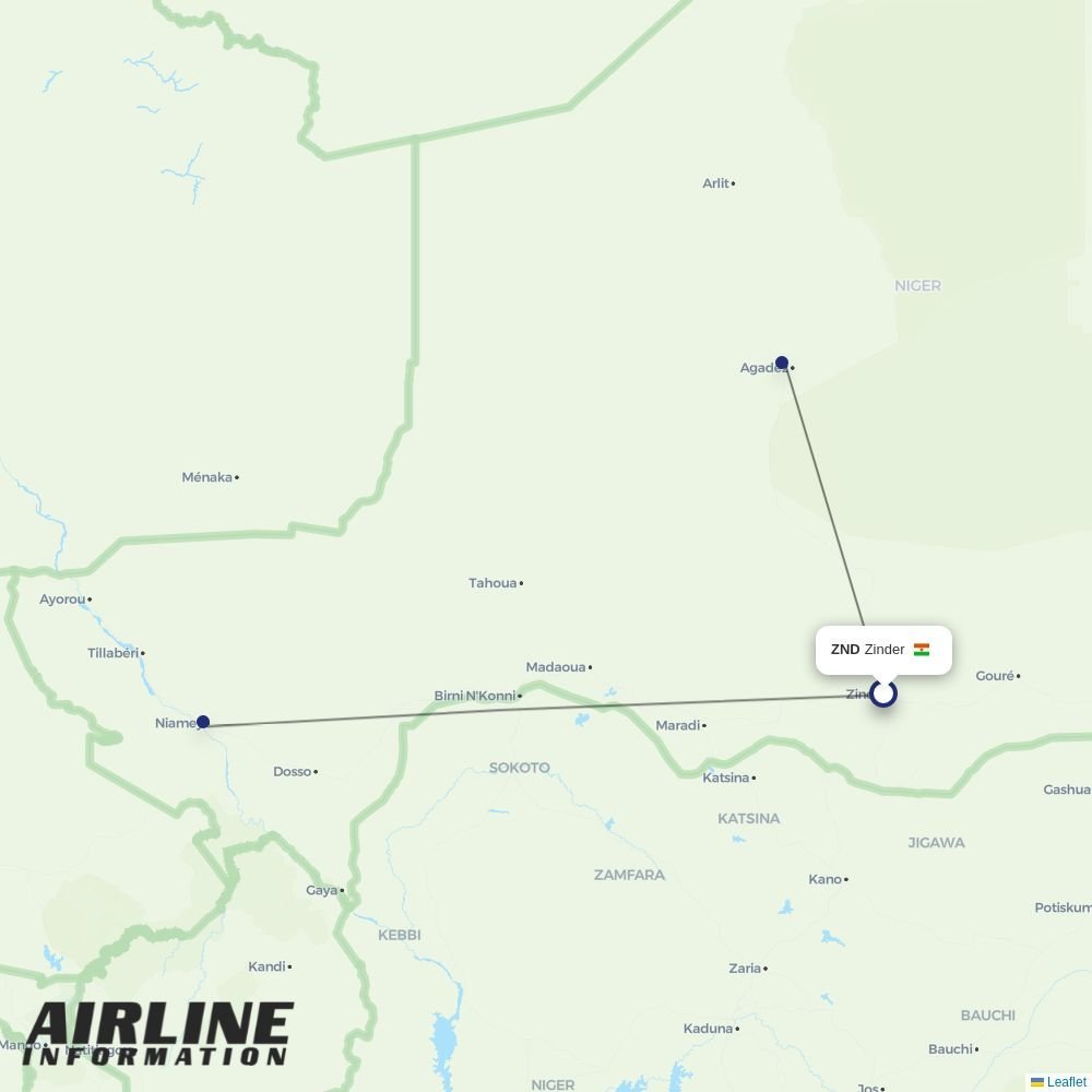 Niger Airlines routes from ZND