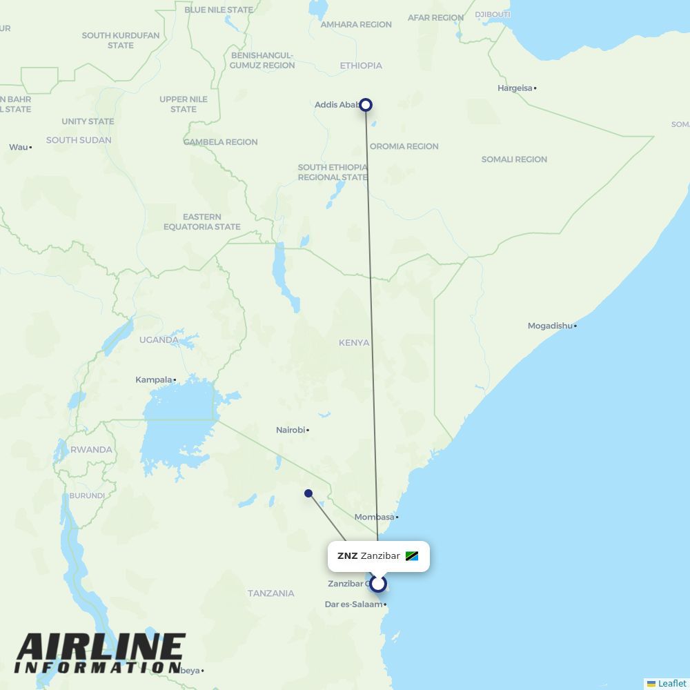 Ethiopian routes from ZNZ