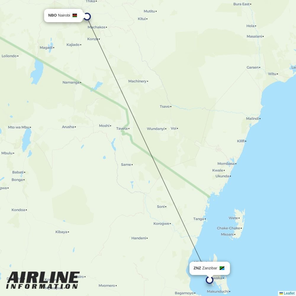 Kenya Airways routes from ZNZ