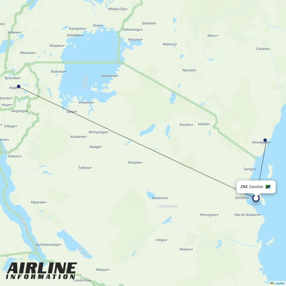 RwandAir routes from ZNZ